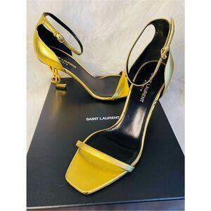 🛍️Saint Laurent Authentic Metallic Gold YSL Logo Ankle-Strap Heels W Box